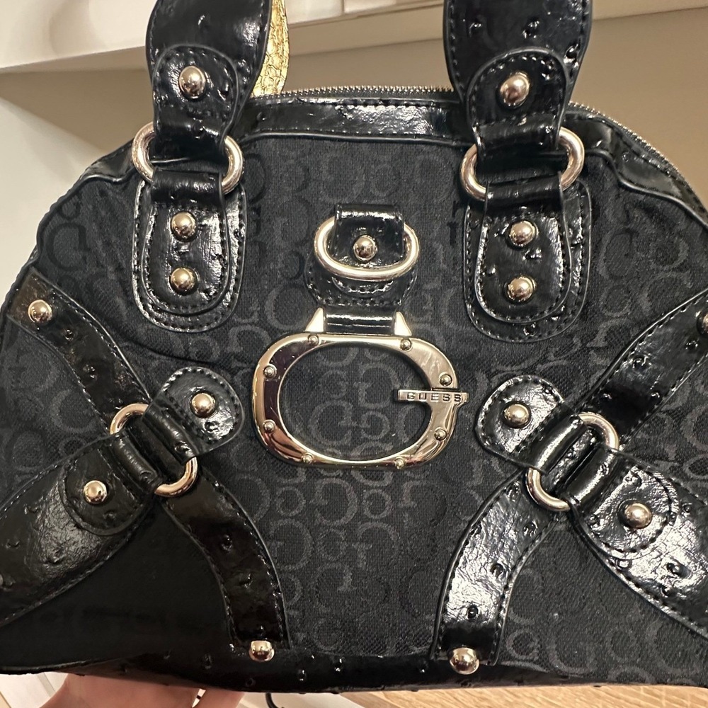 VTG GUESS Y2K Ostrich Print Shoulder Bag Black Patent Leather Indie Sleaze Glam - Picture 3 of 14